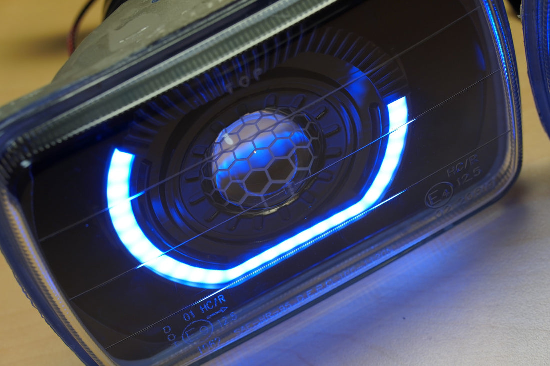 UNIVERSAL 5X7" RECTANGLE HEADLIGHTS with 3/4 RGWA Halos, Projectors and Honeycomb Lens Etching - Dan's Custom Car Lights 