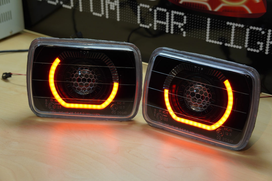 UNIVERSAL 5X7" RECTANGLE HEADLIGHTS with 3/4 RGWA Halos, Projectors and Honeycomb Lens Etching - Dan's Custom Car Lights 