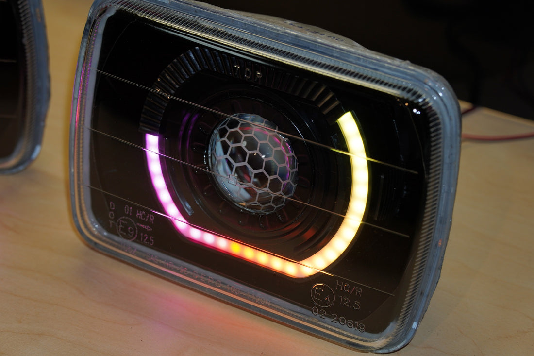 UNIVERSAL 5X7" RECTANGLE HEADLIGHTS with 3/4 RGWA Halos, Projectors and Honeycomb Lens Etching - Dan's Custom Car Lights 