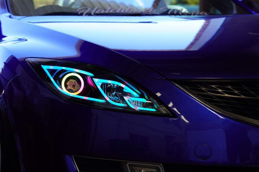 Mazda 6 GH (Sport &MPS) Projector Headlights with Multicoloured Chasing DRL, Multicoloured Halo Rings and Sonic head logo etching