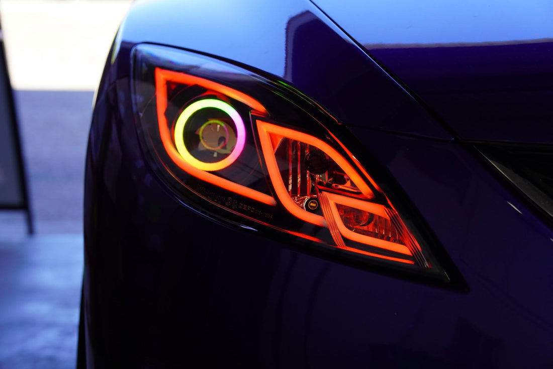 Mazda 6 GH (Sport &MPS) Projector Headlights with Multicoloured Chasing DRL, Multicoloured Halo Rings and Sonic head logo etching