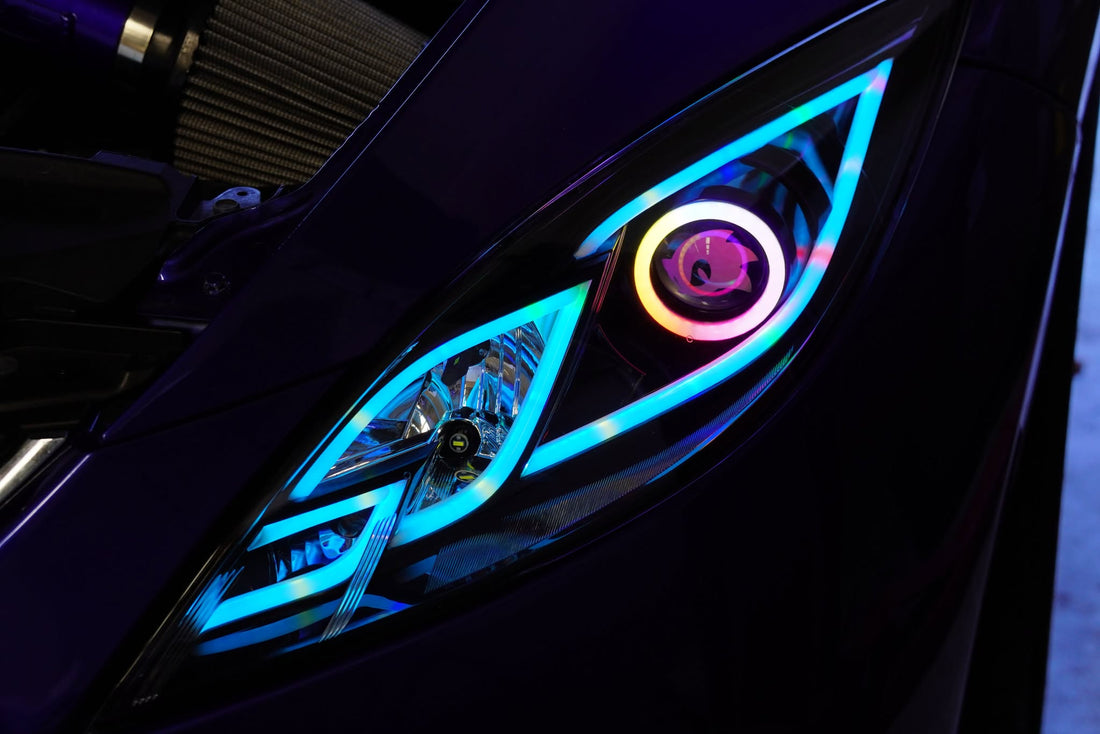 Mazda 6 GH (Sport &MPS) Projector Headlights with Multicoloured Chasing DRL, Multicoloured Halo Rings and Sonic head logo etching