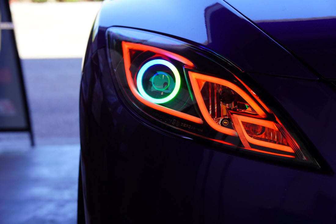 Mazda 6 GH (Sport &MPS) Projector Headlights with Multicoloured Chasing DRL, Multicoloured Halo Rings and Sonic head logo etching