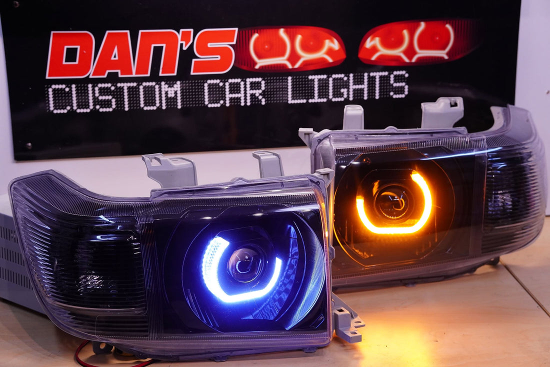 Toyota Landcruiser VDJ 70/76/78/79 series 2007-2019 Headlights with 5D White/Amber rings, Projectors and Blacking out