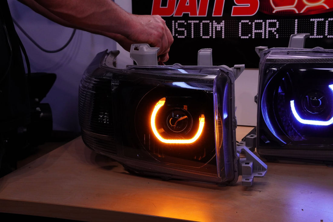 Toyota Landcruiser VDJ 70/76/78/79 series 2007-2019 Headlights with 5D White/Amber rings, Projectors and Blacking out