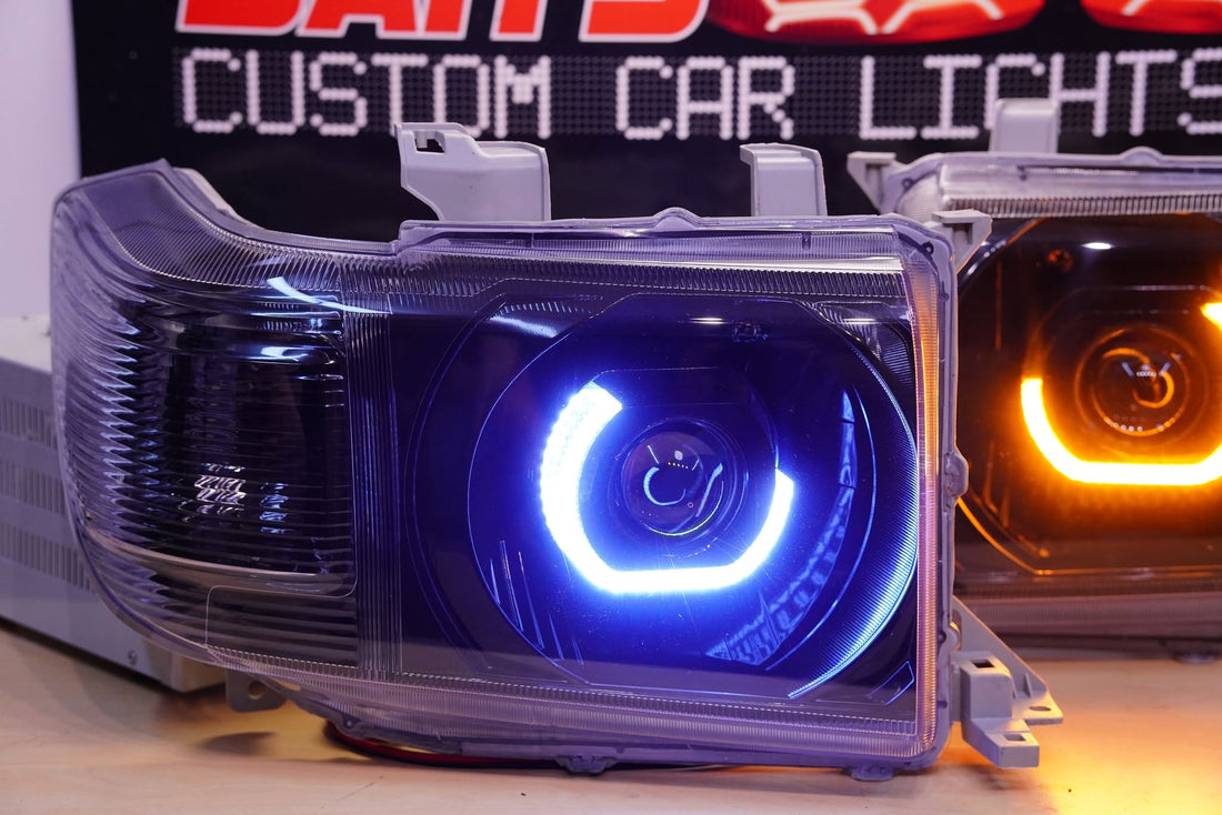 Toyota Landcruiser VDJ 70/76/78/79 series 2007-2019 Headlights with 5D White/Amber rings, Projectors and Blacking out