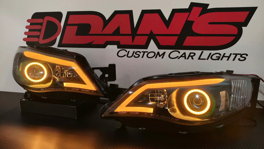 Subaru Impreza RS WRX Sti G3 08-13 Black LED DRL Projector Headlights with Multicoloured Chasing Halos and Chasing Multicoloured DRL
