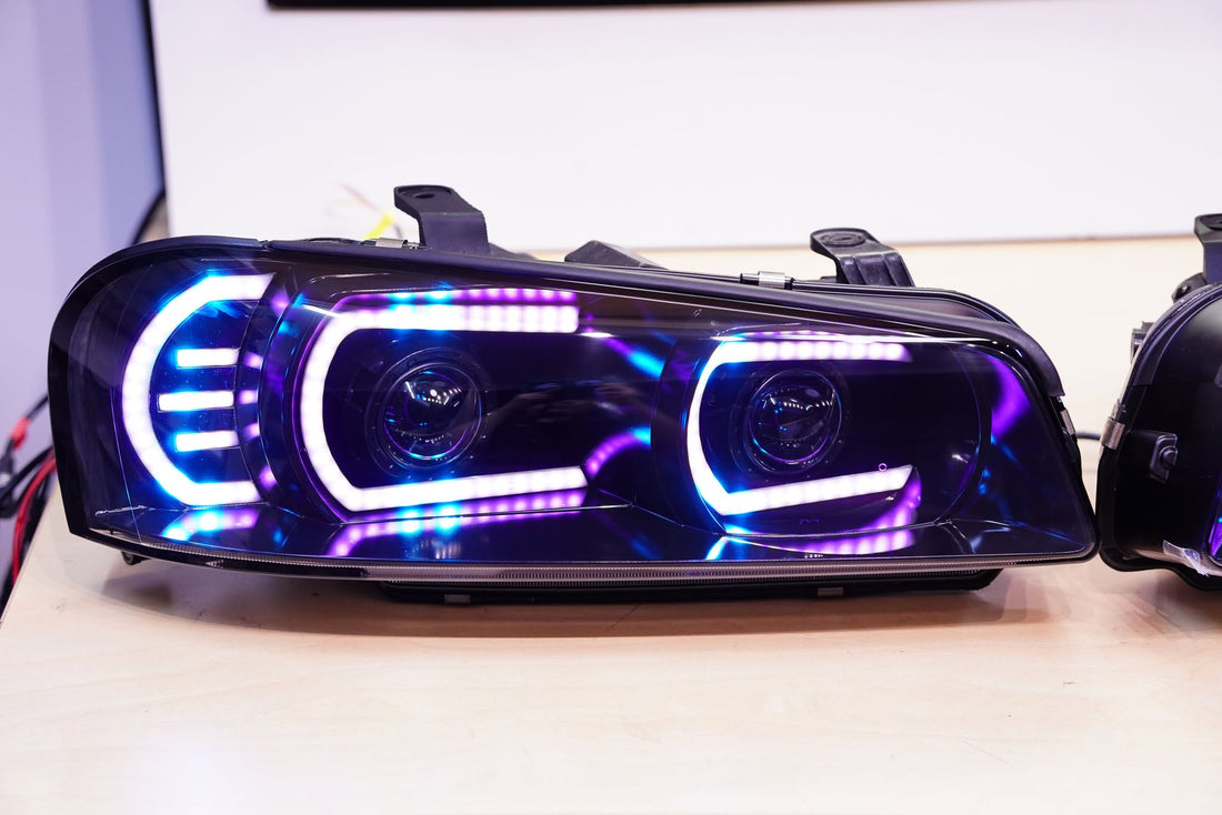 Genuine Nissan Skyline R34 GT & GT-T Headlights with Multicoloured Chasing DRLs and Projectors