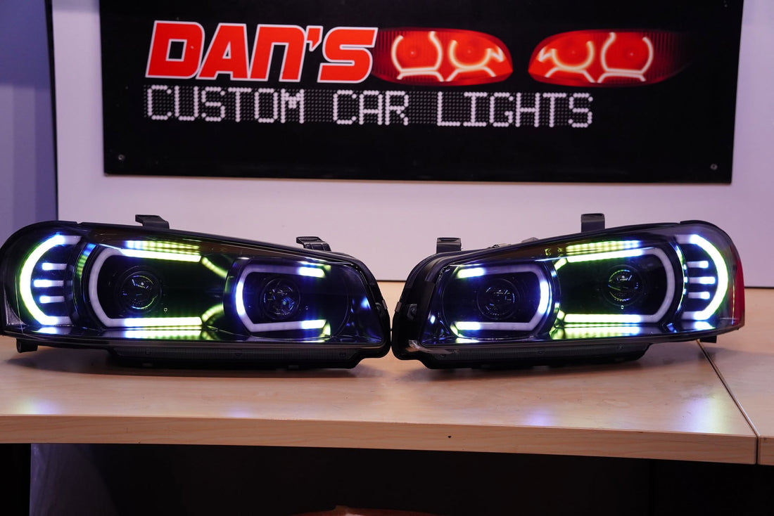 Genuine Nissan Skyline R34 GT & GT-T Headlights with Multicoloured Chasing DRLs and Projectors