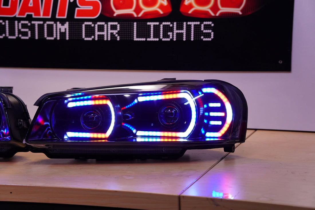 Genuine Nissan Skyline R34 GT & GT-T Headlights with Multicoloured Chasing DRLs and Projectors