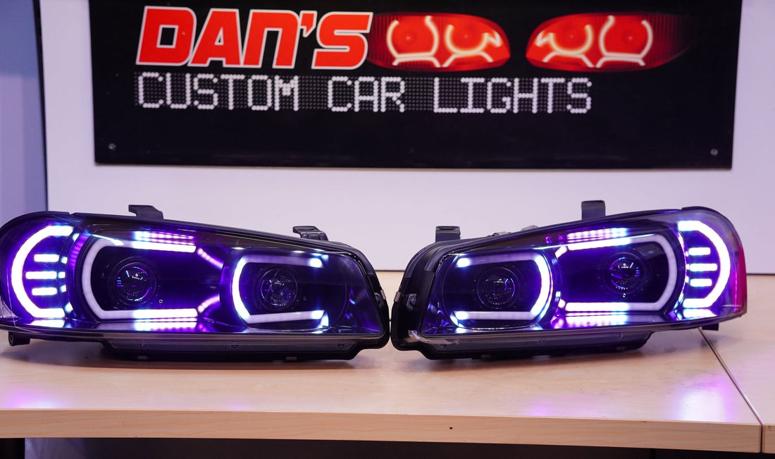 Genuine Nissan Skyline R34 GT & GT-T Headlights with Multicoloured Chasing DRLs and Projectors
