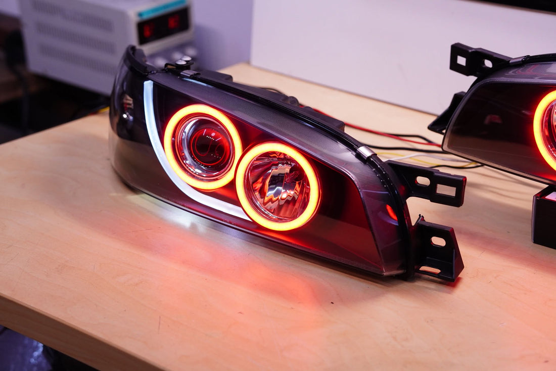 Subaru Impreza 1994-2000 GC8 GF8 WRX STi Black Projector Headlights with Multicoloured Halo Rings