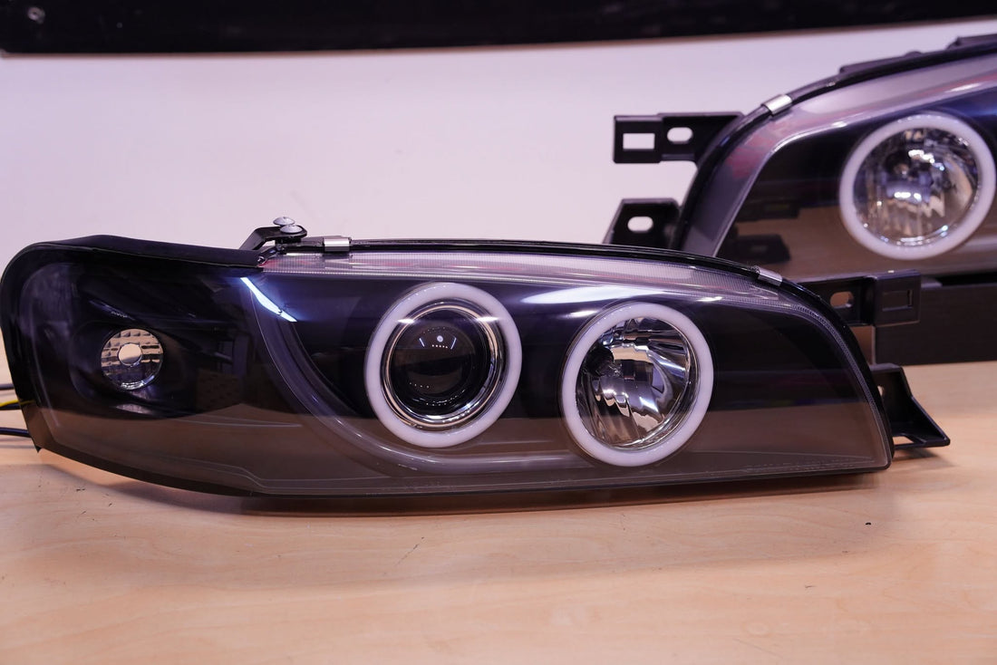 Subaru Impreza 1994-2000 GC8 GF8 WRX STi Black Projector Headlights with Multicoloured Halo Rings