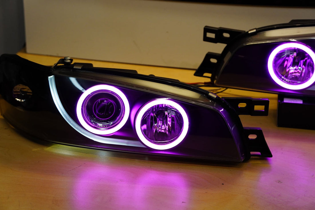 Subaru Impreza 1994-2000 GC8 GF8 WRX STi Black Projector Headlights with Multicoloured Halo Rings