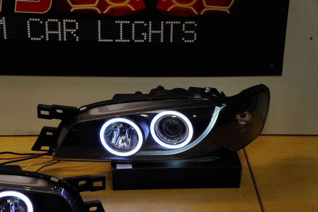 Subaru Impreza 1994-2000 GC8 GF8 WRX STi Black Projector Headlights with Multicoloured Halo Rings