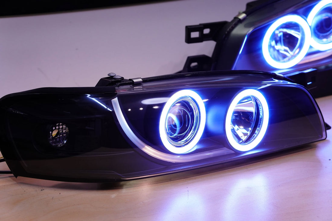 Subaru Impreza 1994-2000 GC8 GF8 WRX STi Black Projector Headlights with Multicoloured Halo Rings