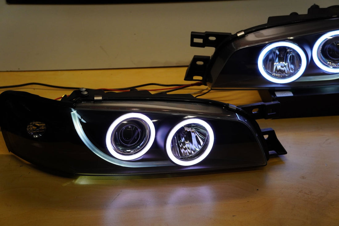 Subaru Impreza 1994-2000 GC8 GF8 WRX STi Black Projector Headlights with Multicoloured Halo Rings