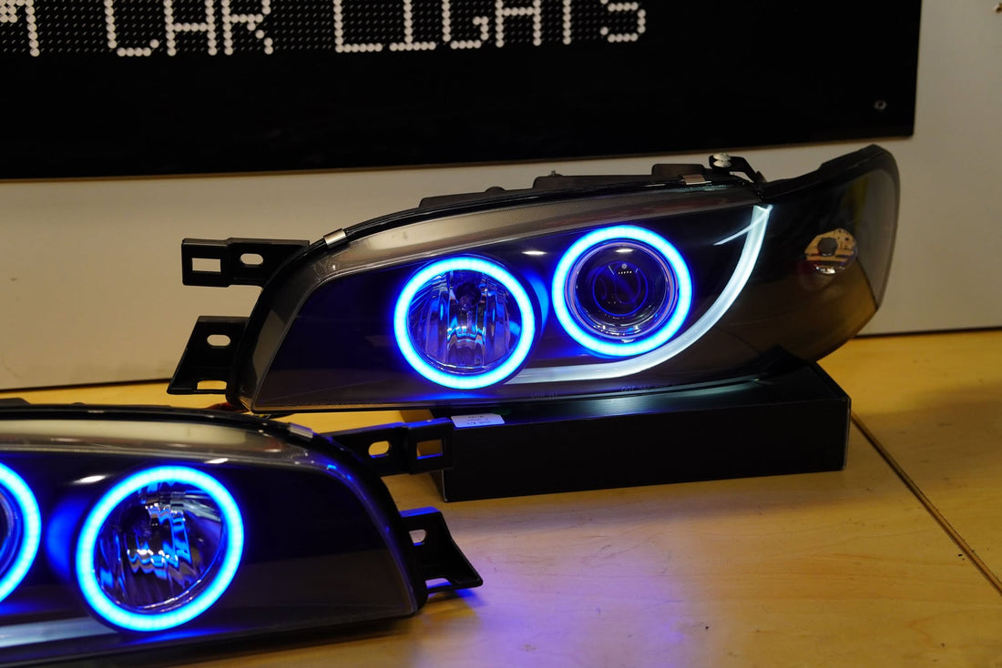 Subaru Impreza 1994-2000 GC8 GF8 WRX STi Black Projector Headlights with Multicoloured Halo Rings