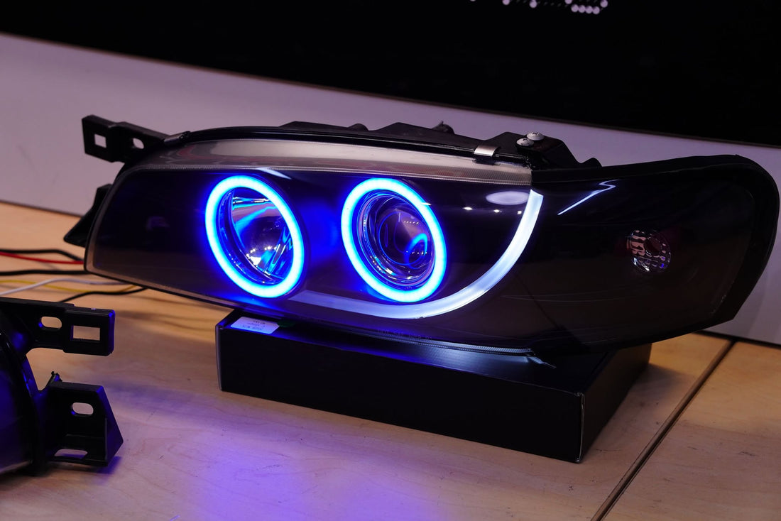 Subaru Impreza 1994-2000 GC8 GF8 WRX STi Black Projector Headlights with Multicoloured Halo Rings