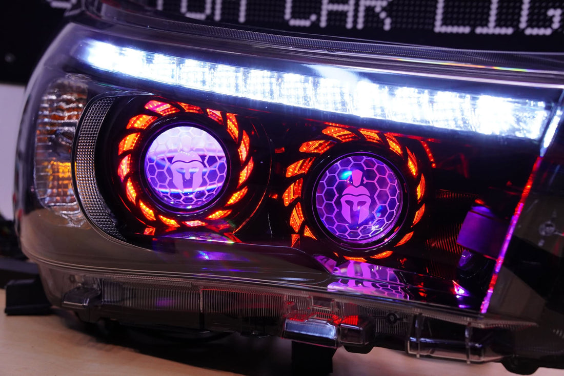 Toyota Hilux SR 2015-2022 Headlights with Multicoloured Halo Rings with Turbine shrouds, Projectors, Demon eyes and Lens etching