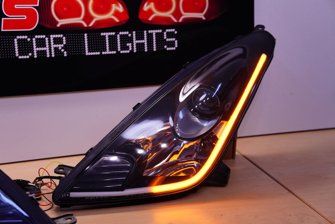 Toyota Celica 00-05 GT ST Base TRD Black Housing Projector Headlights with Sequential White/Amber LED DRL
