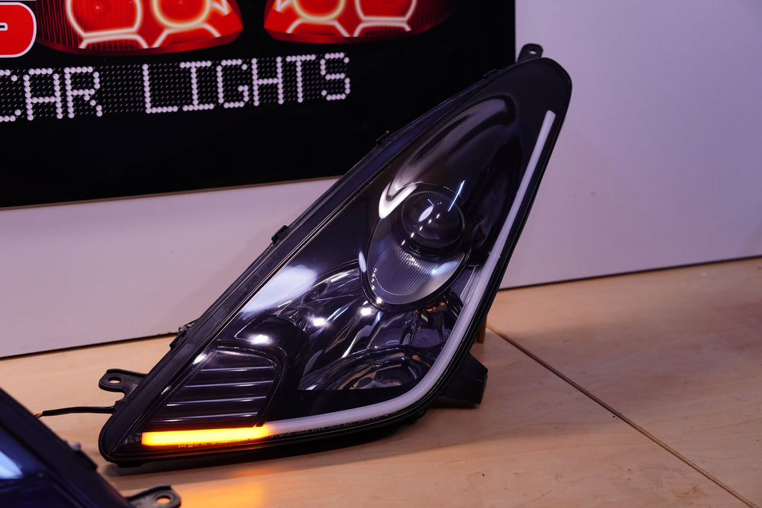 Toyota Celica 00-05 GT ST Base TRD Black Housing Projector Headlights with Sequential White/Amber LED DRL