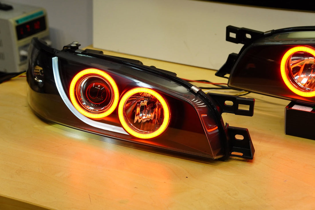 Subaru Impreza 1994-2000 GC8 GF8 WRX STi Black Projector Headlights with Multicoloured Halo Rings