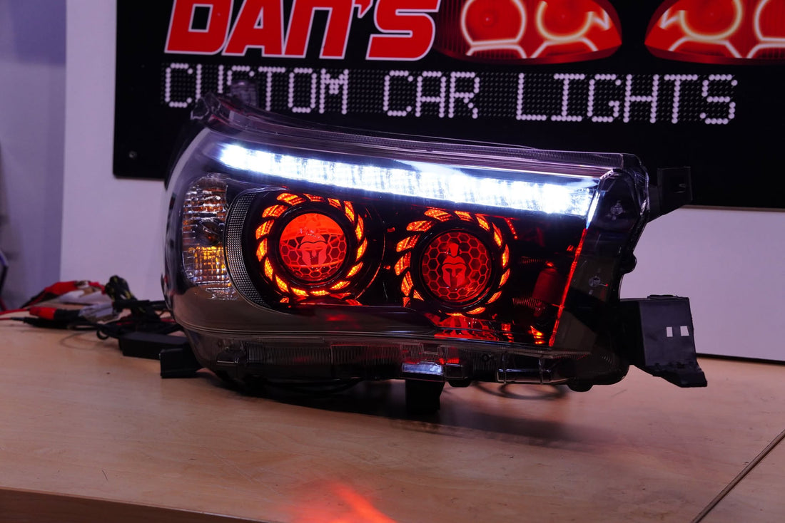 Toyota Hilux SR 2015-2022 Headlights with Multicoloured Halo Rings with Turbine shrouds, Projectors, Demon eyes and Lens etching