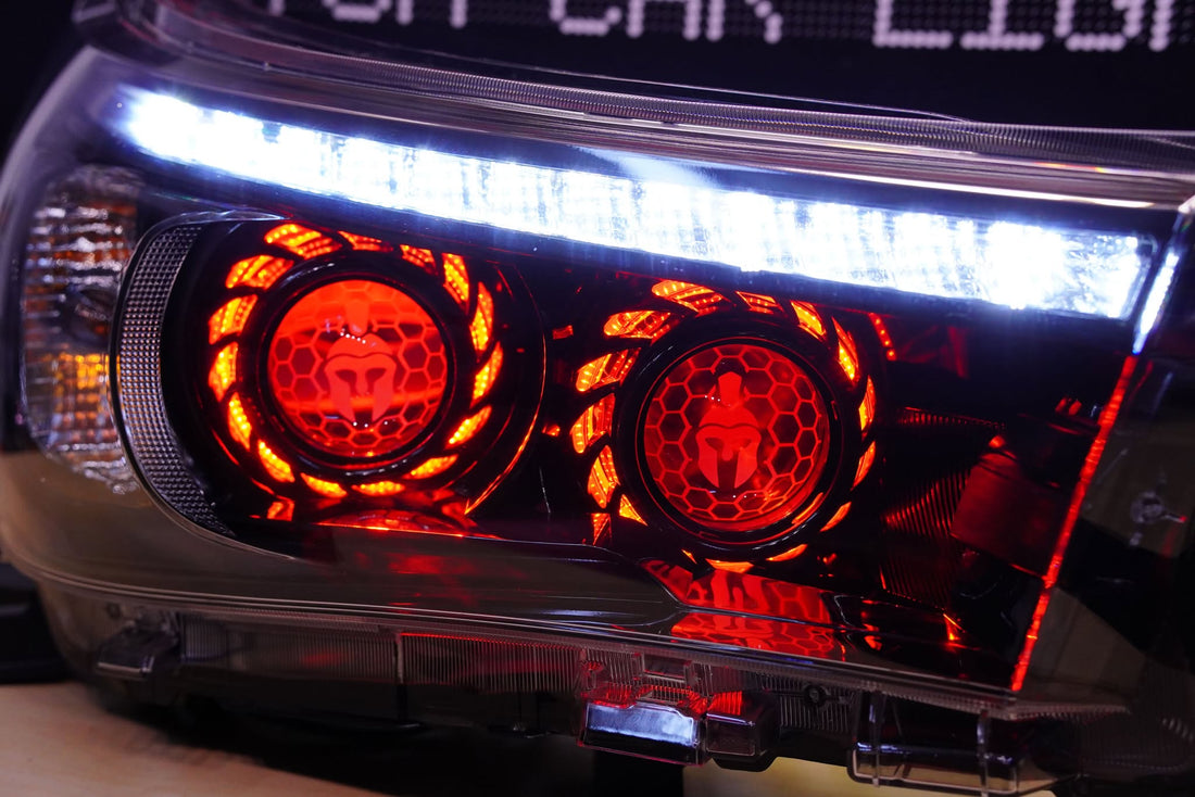 Toyota Hilux SR 2015-2022 Headlights with Multicoloured Halo Rings with Turbine shrouds, Projectors, Demon eyes and Lens etching