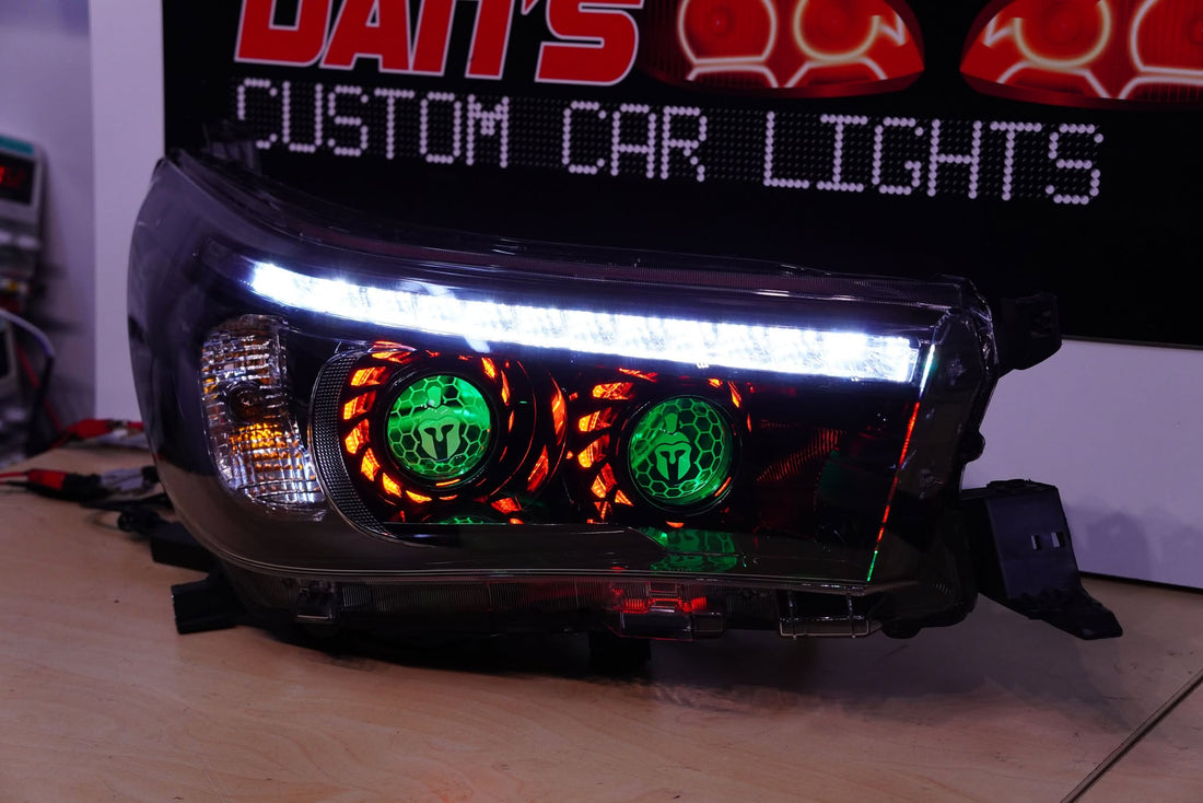 Toyota Hilux SR 2015-2022 Headlights with Multicoloured Halo Rings with Turbine shrouds, Projectors, Demon eyes and Lens etching