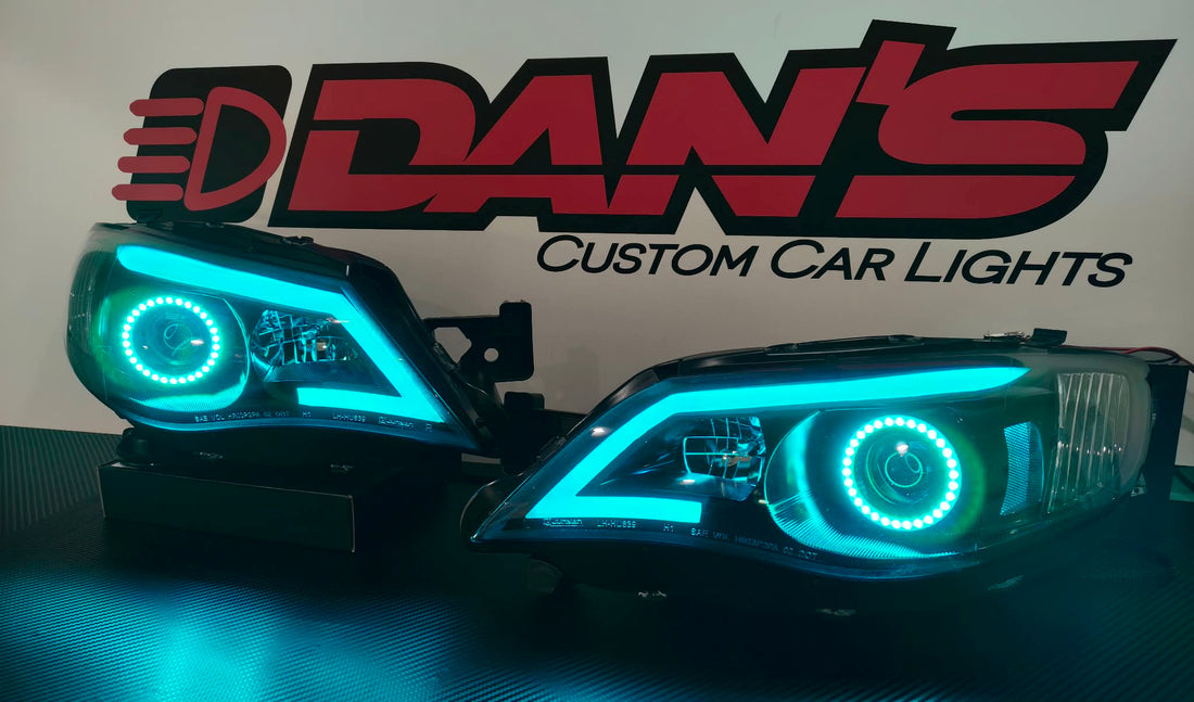 Subaru Impreza RS WRX Sti G3 08-13 Black LED DRL Projector Headlights with Multicoloured Chasing Halos and Chasing Multicoloured DRL