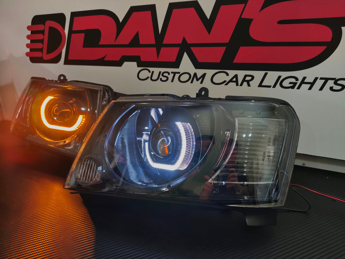Nissan Patrol GU S4 Headlights with 5D White/Amber Halo Rings and Projectors - Dan's Custom Car Lights 