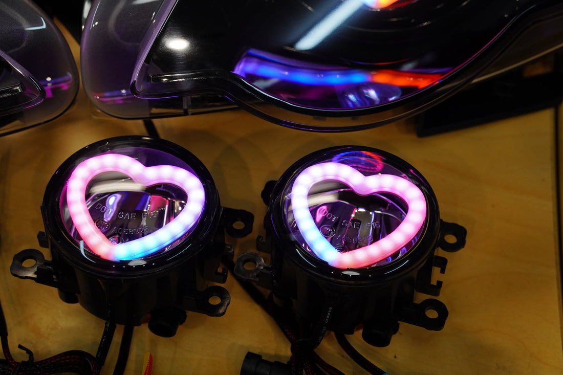 Universal 90mm Foglights with Multicoloured Chasing Heart rings - Dan's Custom Car Lights 