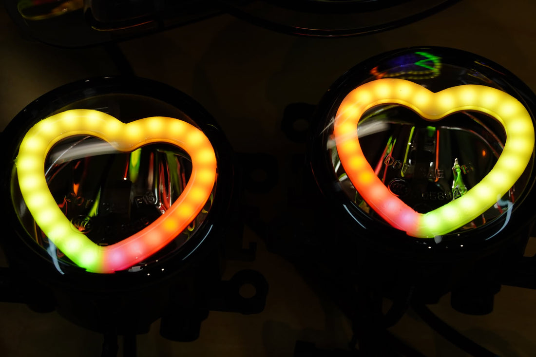 Universal 90mm Foglights with Multicoloured Chasing Heart rings - Dan's Custom Car Lights 