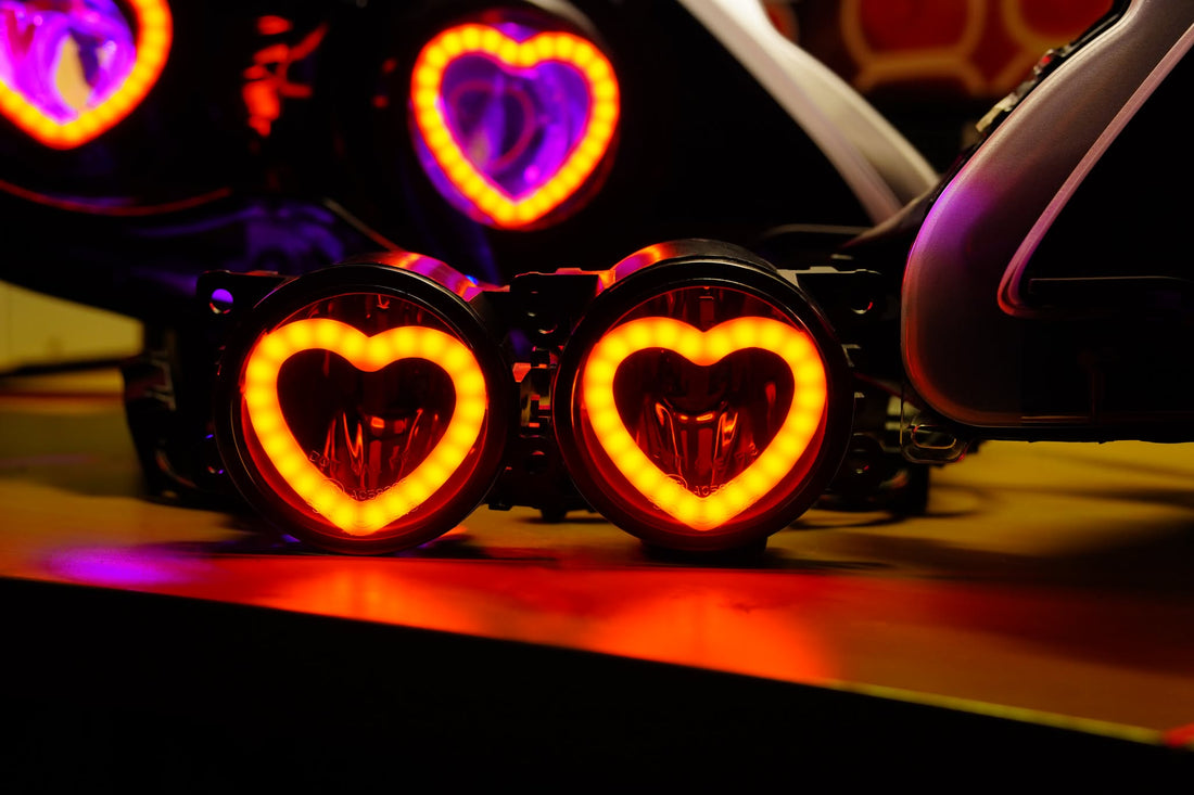 Universal 90mm Foglights with Multicoloured Chasing Heart rings - Dan's Custom Car Lights 