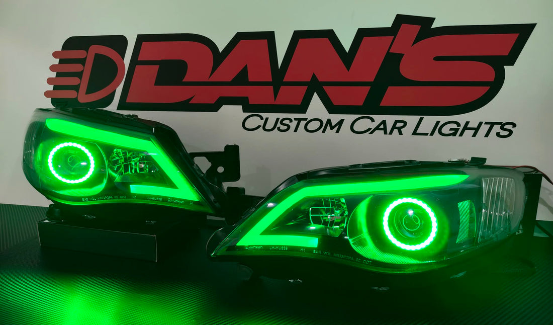 Subaru Impreza RS WRX Sti G3 08-13 Black LED DRL Projector Headlights with Multicoloured Chasing Halos and Chasing Multicoloured DRL