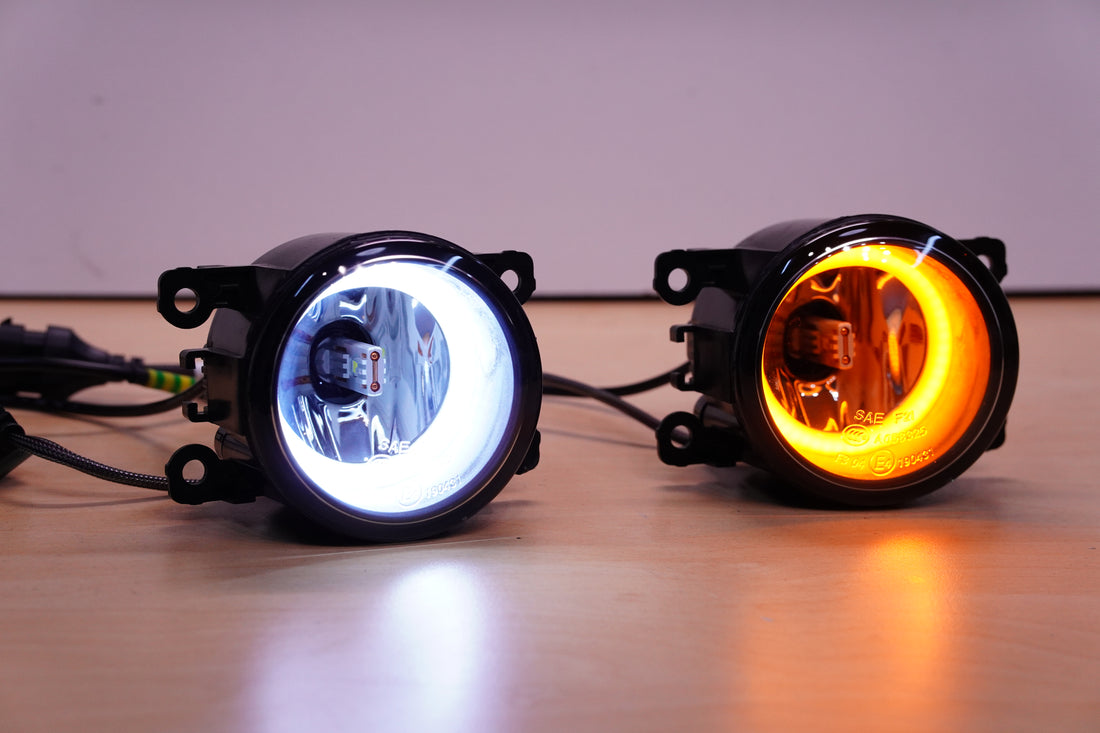 Universal 90mm Fog Lights with White/Amber LED Halo Rings - Dan's Custom Car Lights 