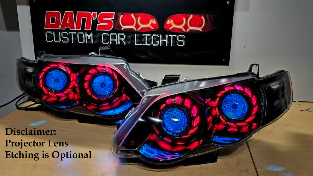 Ford Falcon XR6/XR8 MK1/MK2 Headlights with Quad Projectors, RGB Halo Rings Turbine Shrouds and Demon Eyes