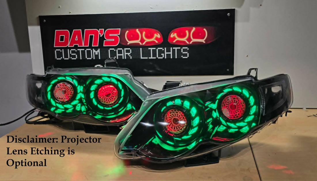 Ford Falcon XR6/XR8 MK1/MK2 Headlights with Quad Projectors, RGB Halo Rings Turbine Shrouds and Demon Eyes