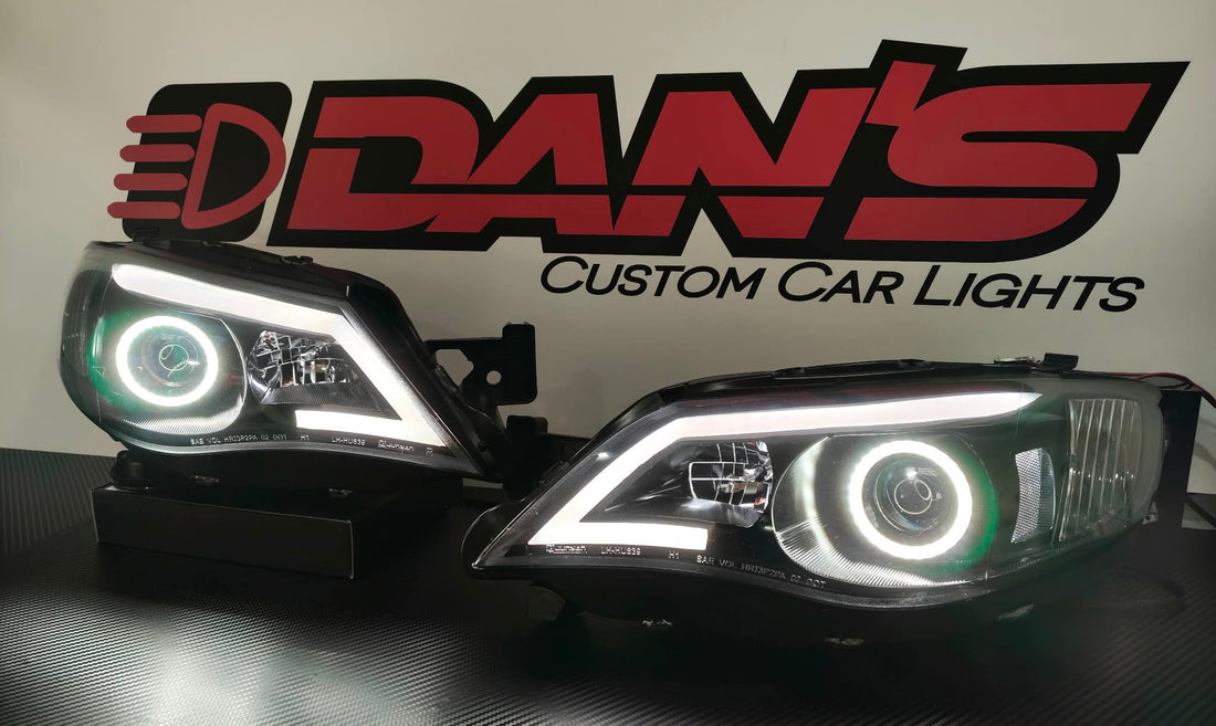Subaru Impreza RS WRX Sti G3 08-13 Black LED DRL Projector Headlights with Multicoloured Chasing Halos and Chasing Multicoloured DRL
