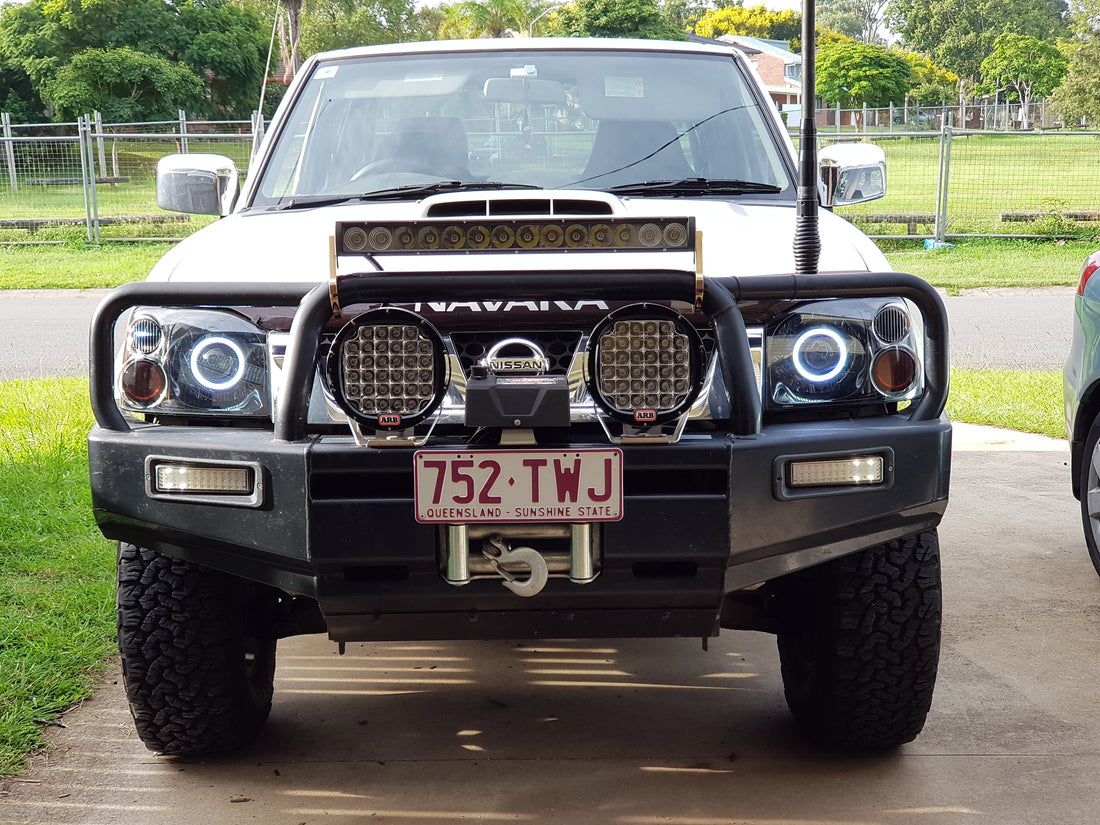 Nissan Navara D22 Headlights with White/Amber Halo Rings - Dan's Custom Car Lights 