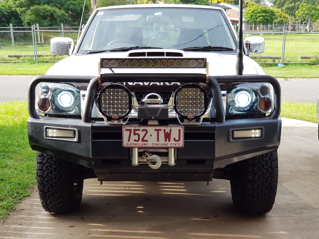 Nissan Navara D22 Headlights with White/Amber Halo Rings - Dan's Custom Car Lights 
