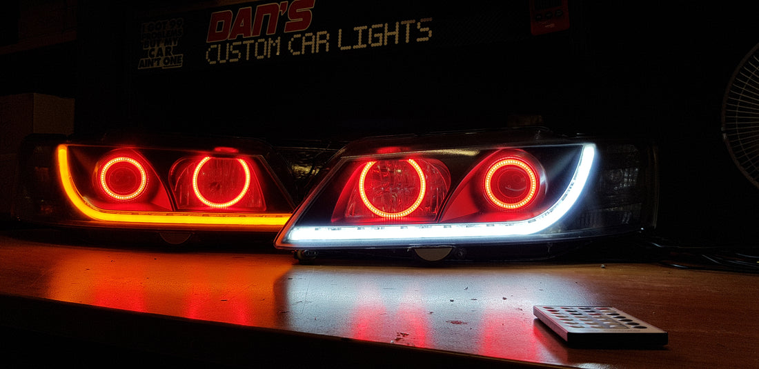 Holden VY Commodore Tube Style Switchback DRL Headlights with Quad Multicolored Halo Rings - Dan's Custom Car Lights 