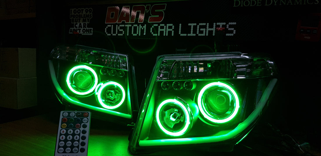 Nissan Navara D40 THAI Pathfinder Headlights with Quad Multicolored Halo Rings - Dan's Custom Car Lights 