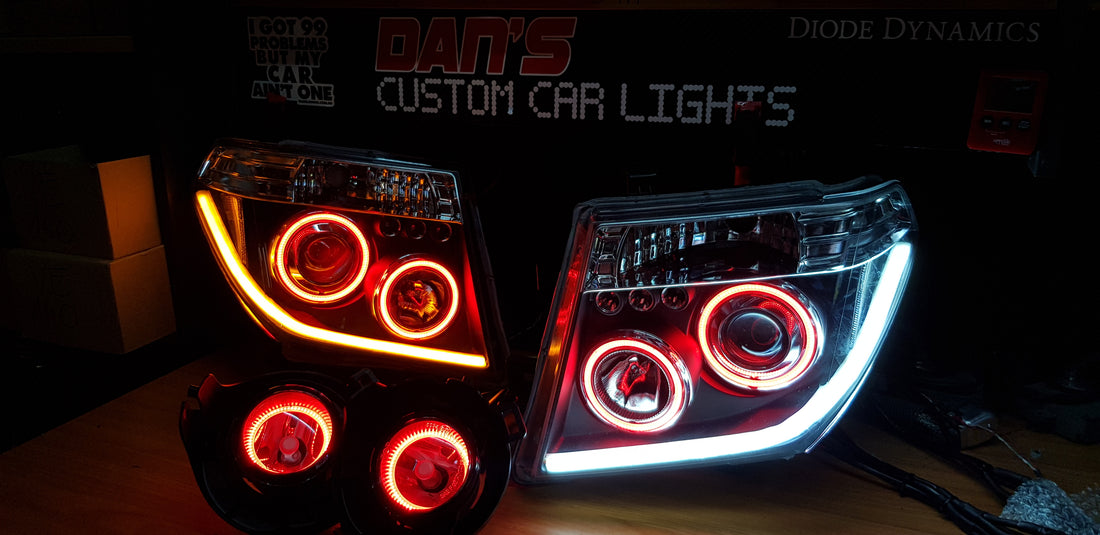 Nissan Navara D40 THAI Pathfinder with Quad Multicolored Halo Rings, DRL and Foglights - Dan's Custom Car Lights 