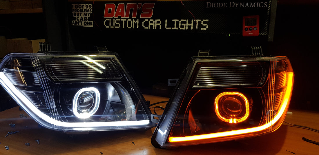 Nissan Navara D40 Spain Headlights with Halo Rings and Projectors OPTION TO ADD DRL - Dan's Custom Car Lights 