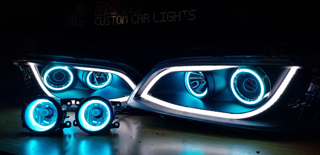 Holden VE Commodore DRL Style Headlights S1/S2 and Fog Lights w/ RGB Halo Rings - Dan's Custom Car Lights 