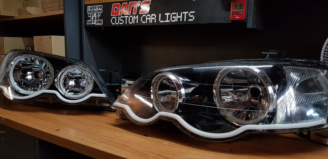 Ford Falcon BA/BF XR6 XR8 Headlights with Multicolored Halo Rings & Sequential DRL - Dan's Custom Car Lights 