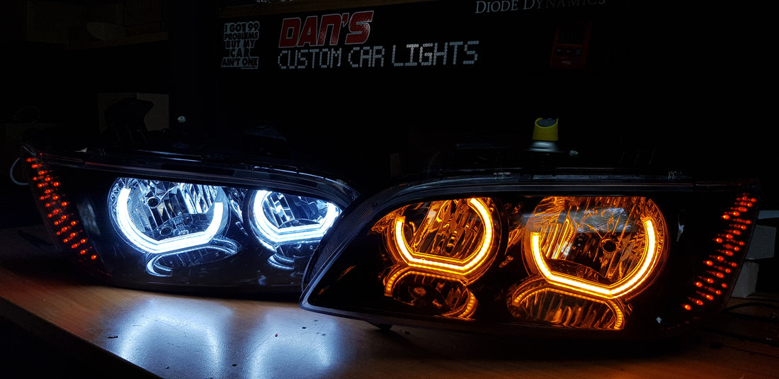 Holden VE Commodore S2 with White/Orange Halo Rings with optical cover and Custom LED Indicator - Dan's Custom Car Lights 