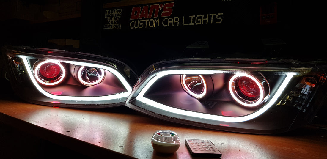 Holden VE Commodore S1/S2 DRL Style Headlights with Multicoloured Halo Rings and Demon Eyes - Dan's Custom Car Lights 